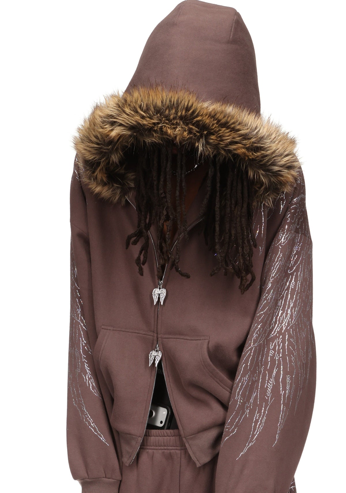 FALLEN FAUX FUR STUDDED CROP ZIP HOODIE (DETACHABLE FUR)