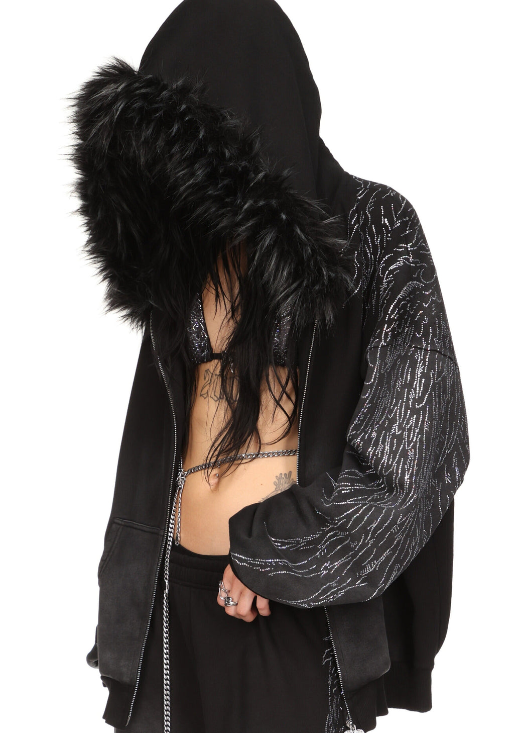 FALLEN FAUX FUR STUDDED CROP ZIP HOODIE (DETACHABLE FUR)