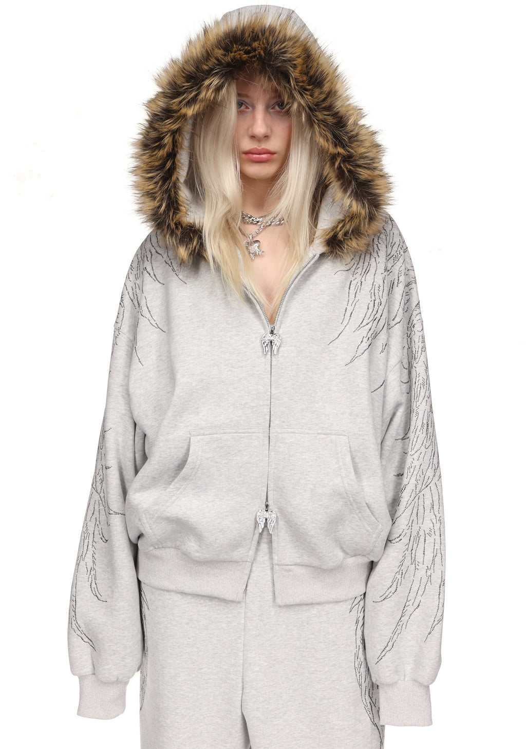 FALLEN FAUX FUR STUDDED CROP ZIP HOODIE (DETACHABLE FUR)
