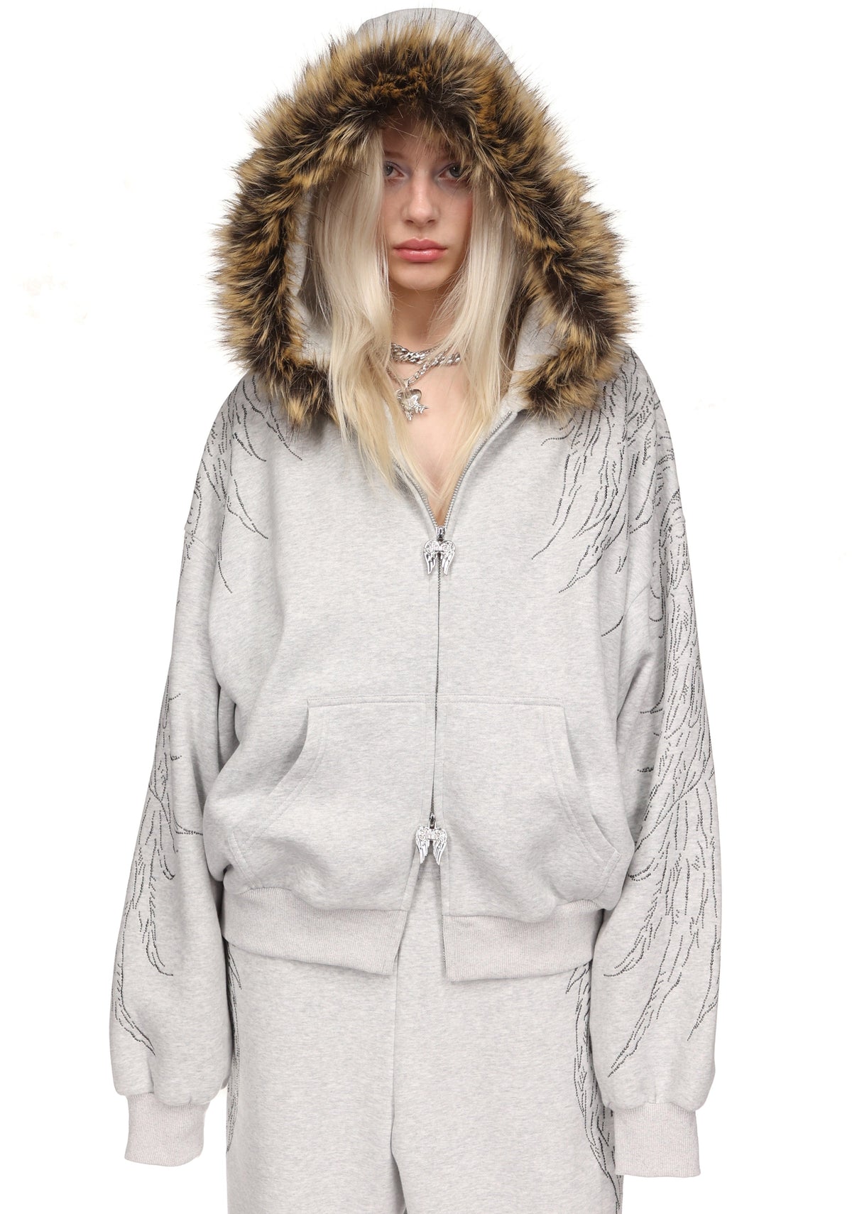 FALLEN FAUX FUR STUDDED CROP ZIP HOODIE (DETACHABLE FUR)