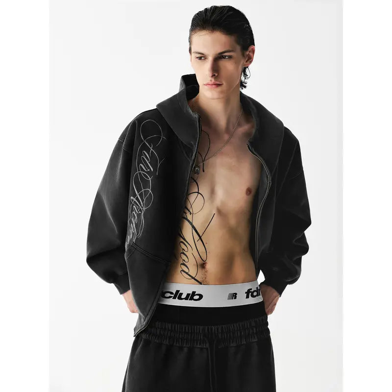 Washed Zip-Up Hoodie, Women's Embroidered Script