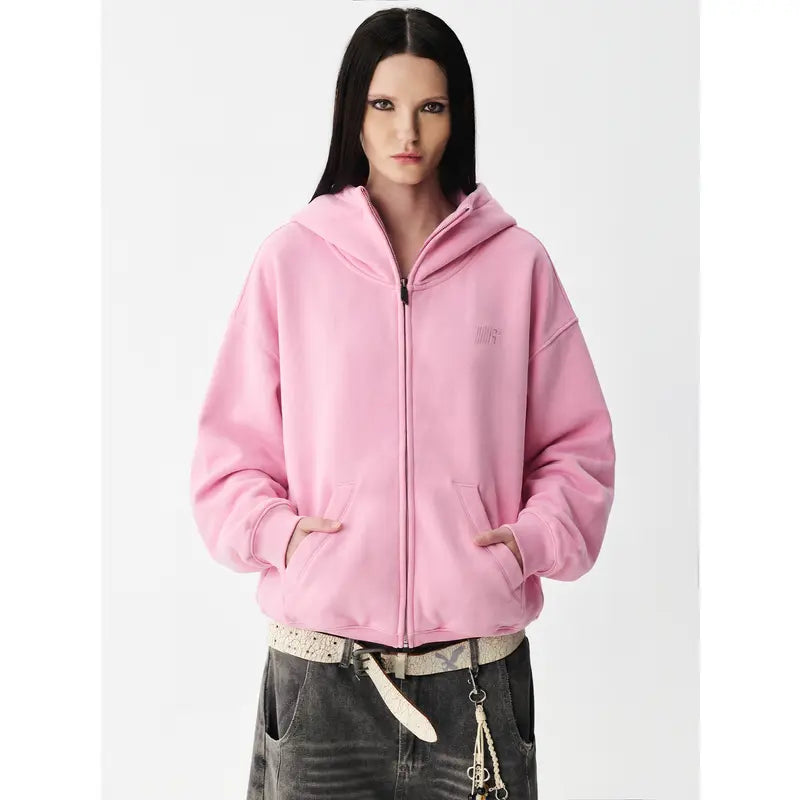 Washed Zip-Up Hoodie, Women's Embroidered Script