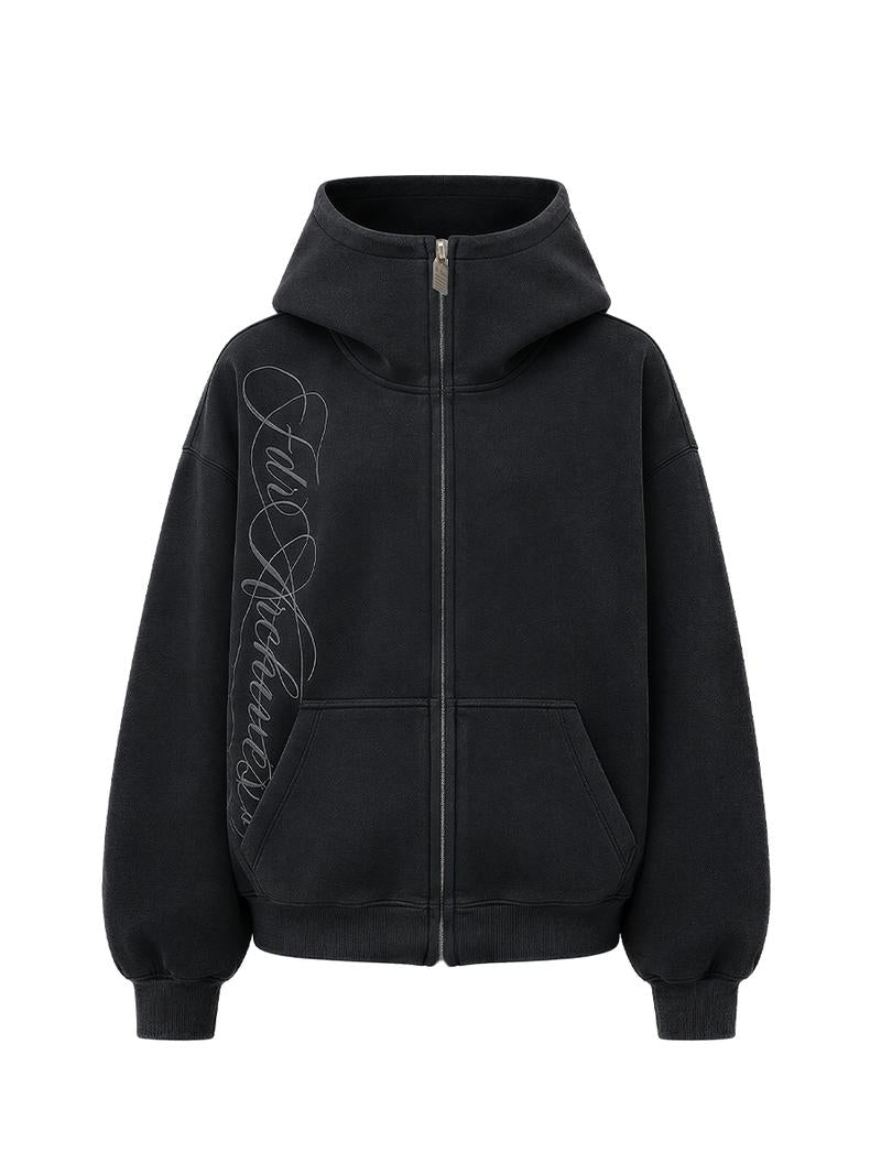 Washed Zip-Up Hoodie, Women's Embroidered Script