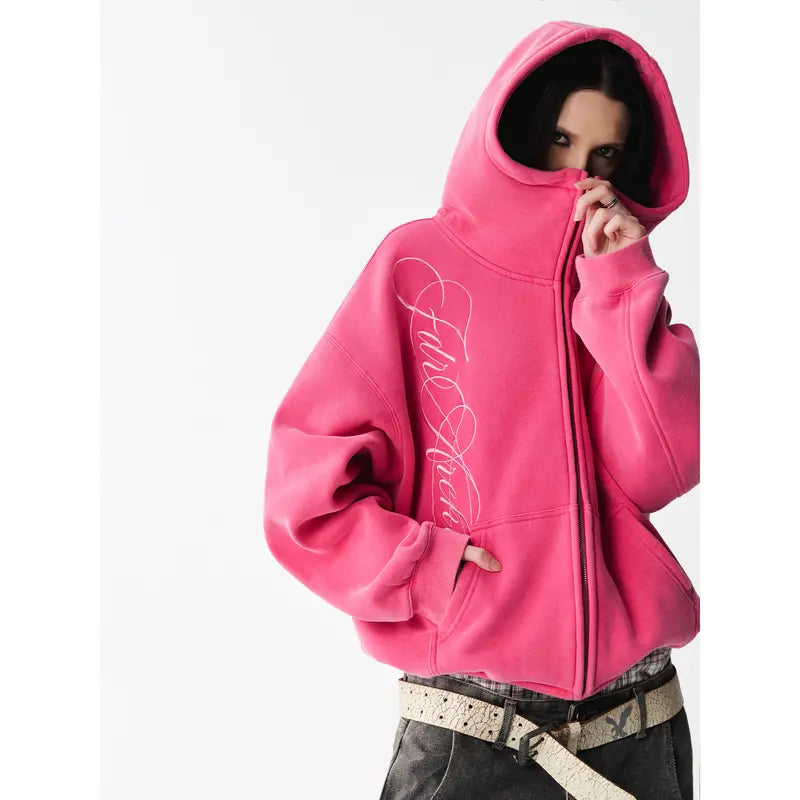 Washed Zip-Up Hoodie, Women's Embroidered Script